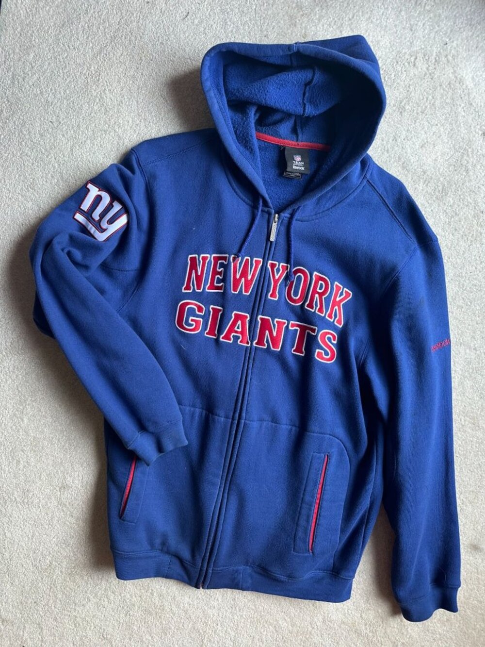Reebok NFL team apparel NY Giants blue zip up hoodie Small Runs big